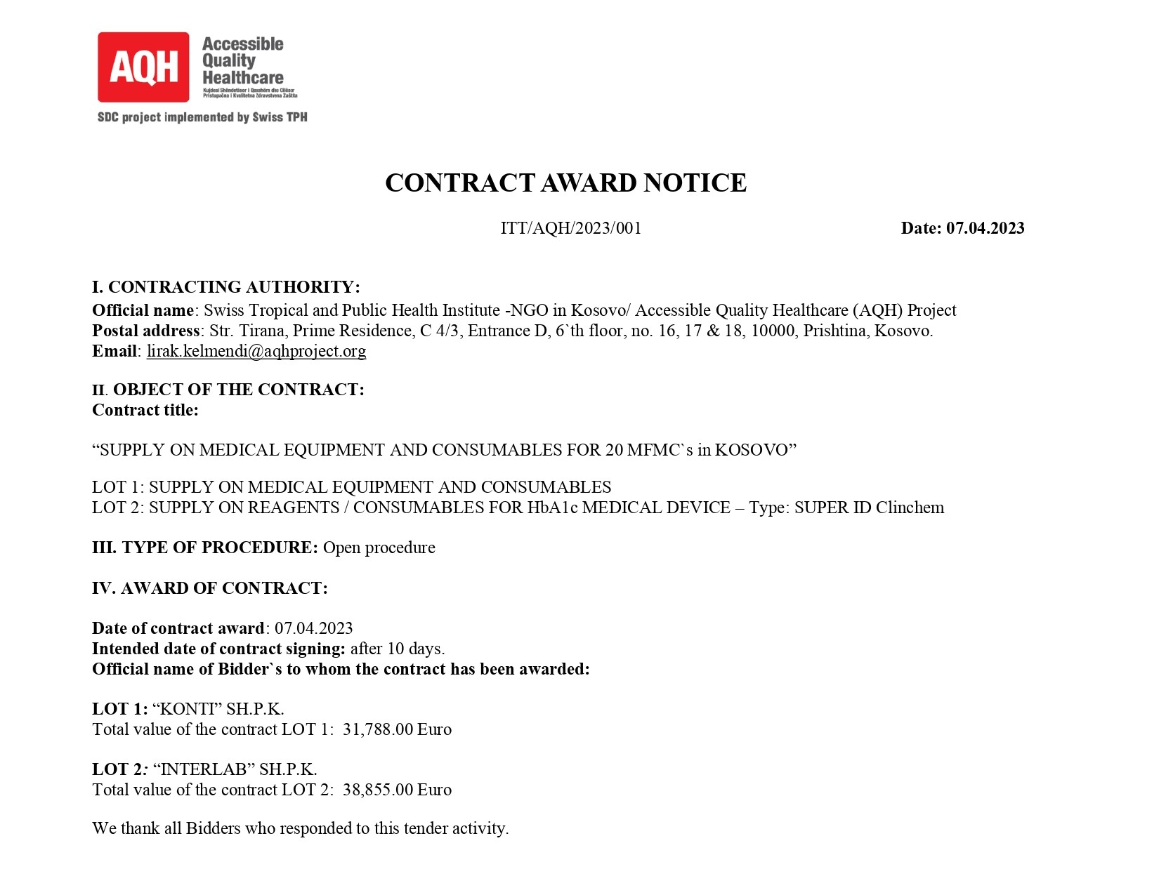 CONTRACT AWARD NOTICE
